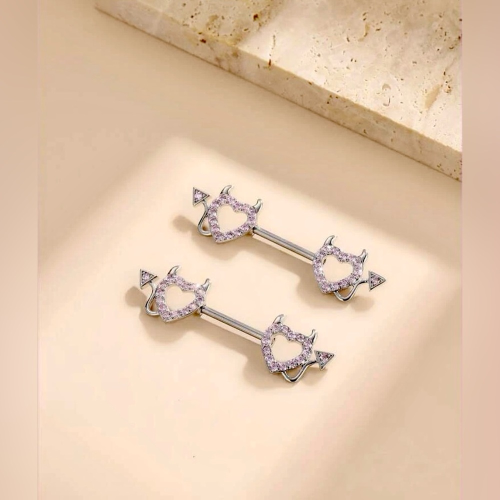Nipple Rings 2 Pc 14g Hearts horns/tail 316 Surgical Stainless Steel NWT